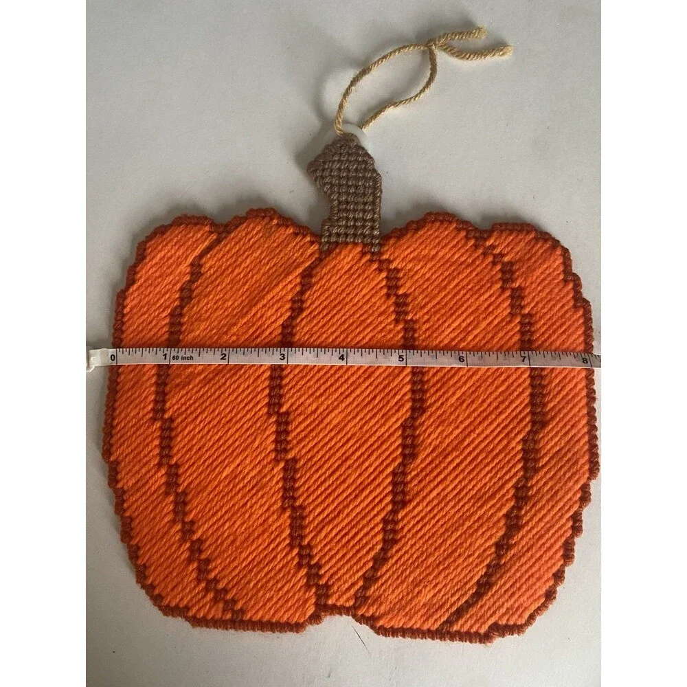 VTG  Halloween Pumpkins Witch  & Cat Wall Hanging Needlepoint Plastic Canvas